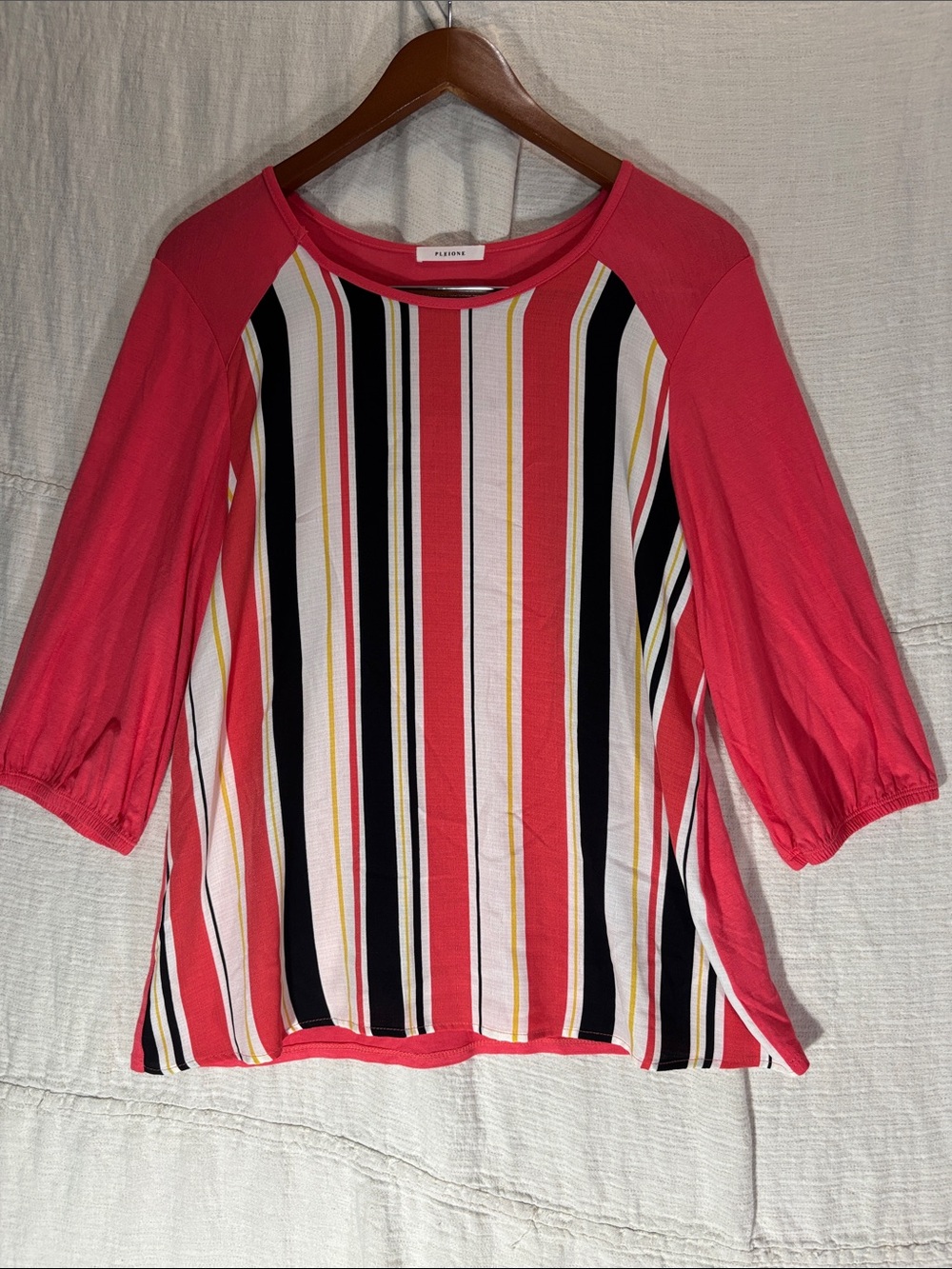 Pleione Coral & Navy Vertical Stripes Raglan Blouse 3/4 Sleeve Size M EUC